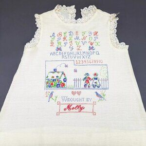 Vintage Fun Frills Doris Brosk Baby Girl Dress Sampler MOLLY Folk Alphabet Lace